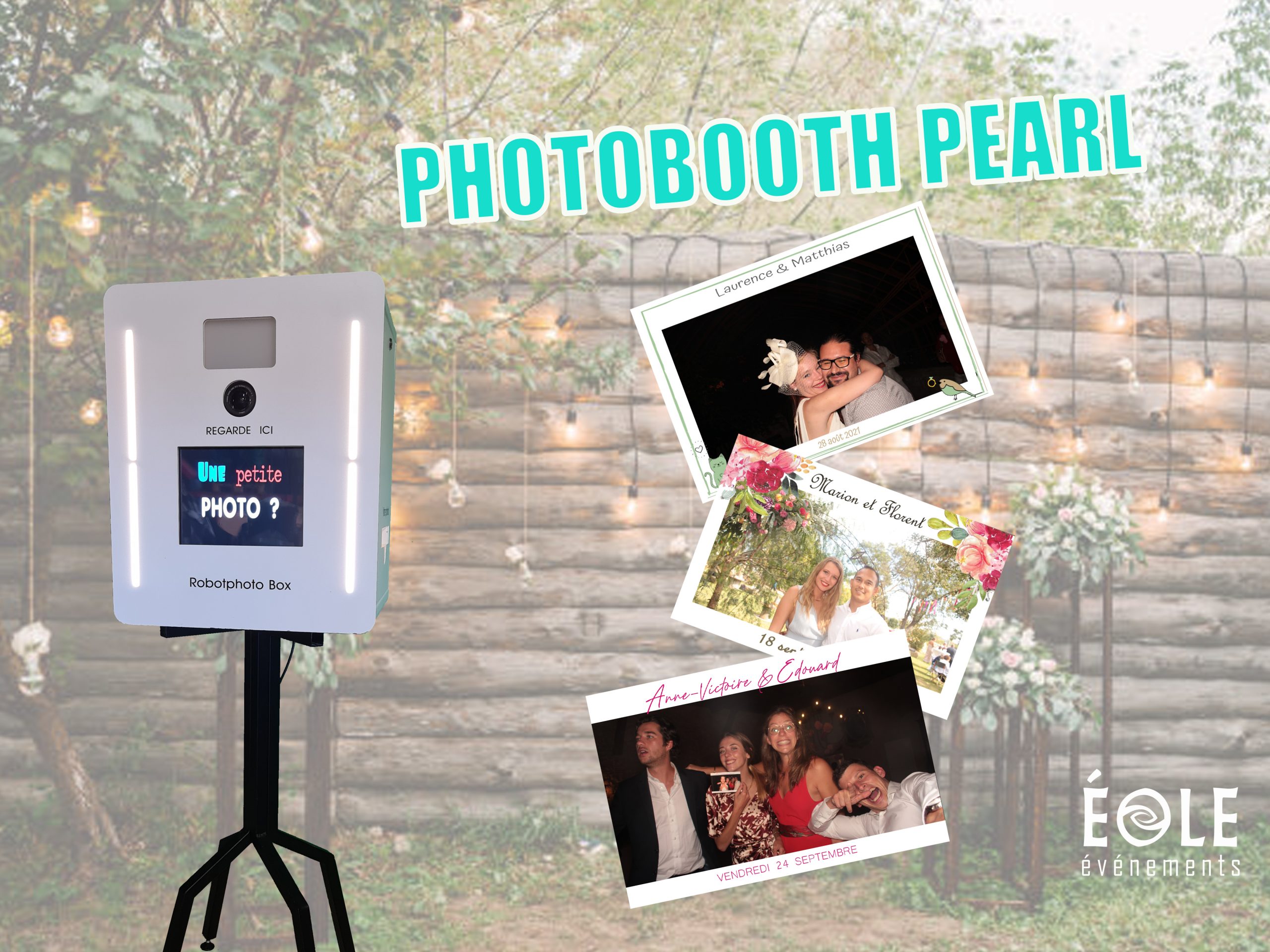 un photobooth "pearl" avec des photos aux cadres personnalisés à droite