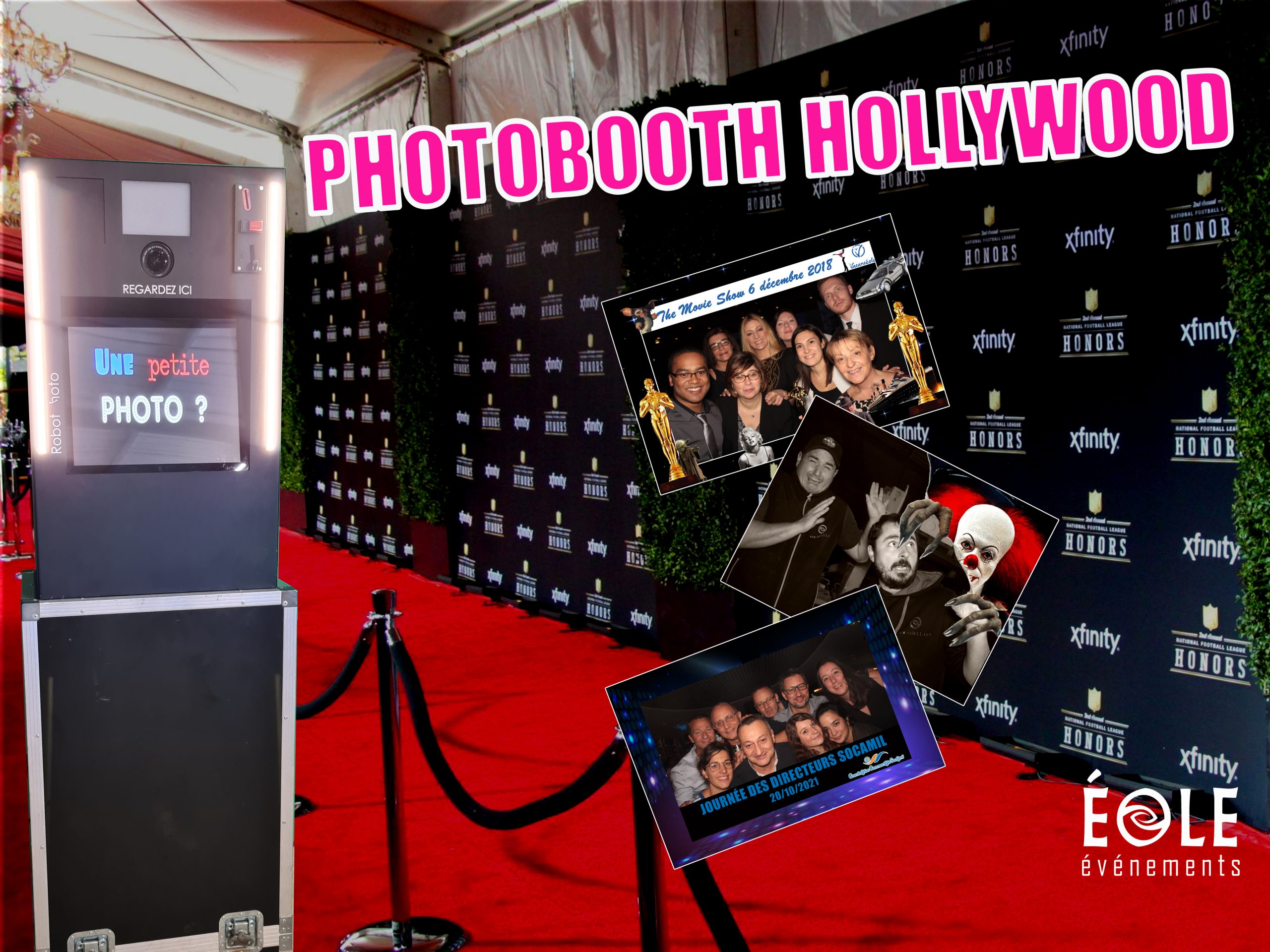 un photobooth "hollywood" avec des photos aux cadres personnalisés à droite
