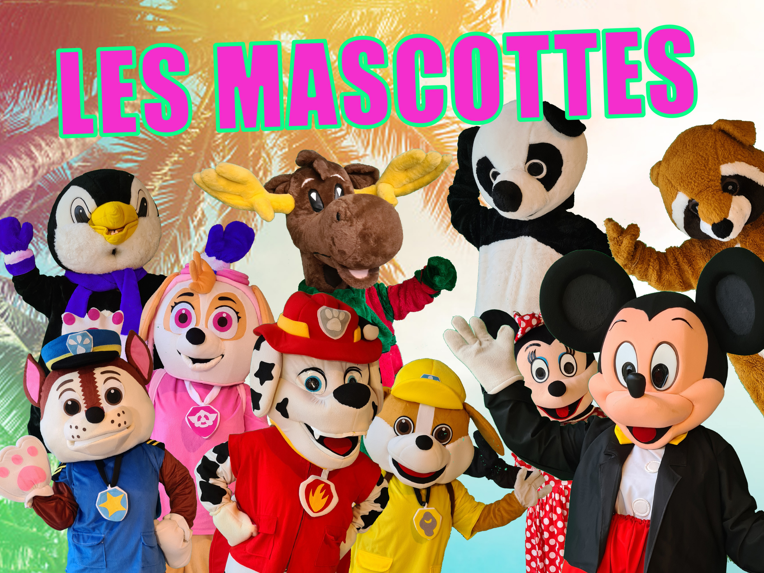 plusieurs mascottes sur l'image comme la pat patrouille, mickey, un pingouin, un raton laveur, un panda, minnie et un renne