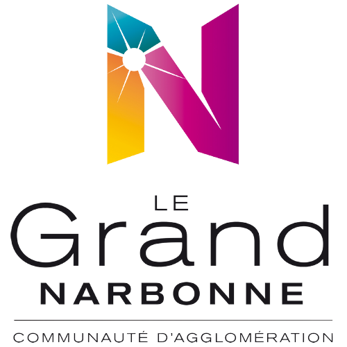 le logo du grand narbonne avec le n en majuscule au dessus avec 3 couleurs dessus séparés, du jaune puis du bleu puis du violet