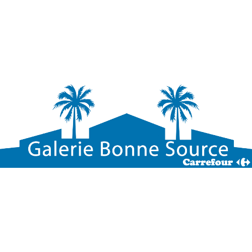 le logo de galerie bonne source, en arrière plan en bleu uni des maisons et 2 palmiers et carrefour écrit en bas à droite