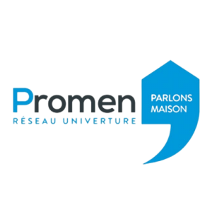 le logo promen écrit en noir avec le p en bleu et une maison à droite qui fait une forme de virgule