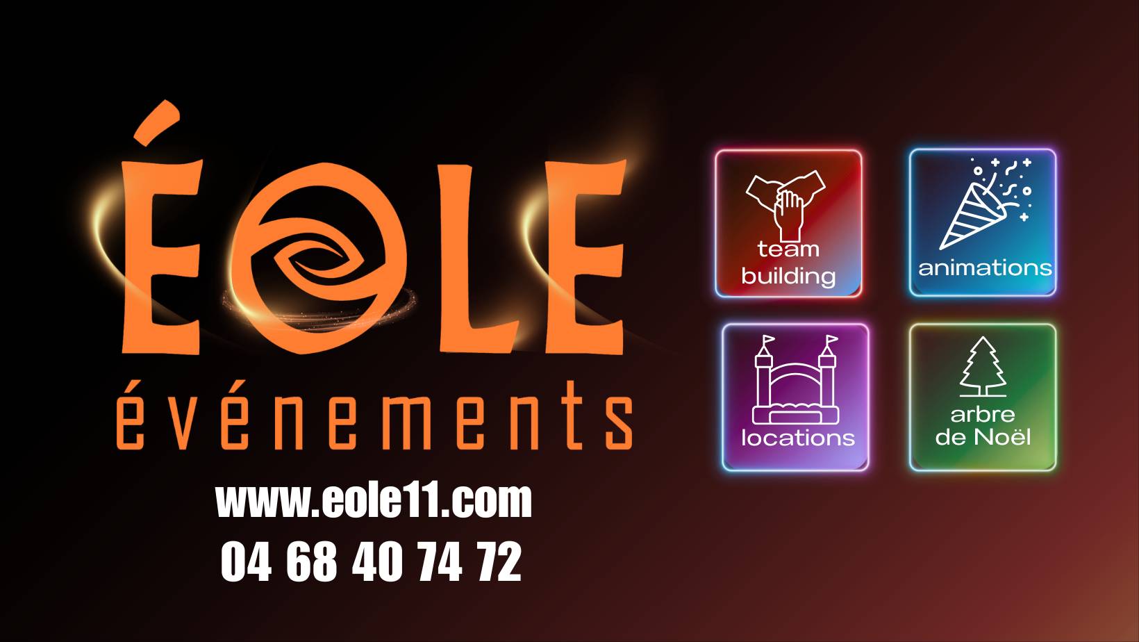 Une bannière pour l'entreprise Eole Evenements avec des icones "teambuilding", "locations", "animations", "arbre de noel"
